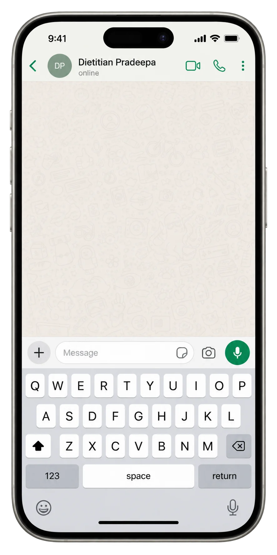 iPhone showing a WhatsApp conversation with Dietitian Pradeepa